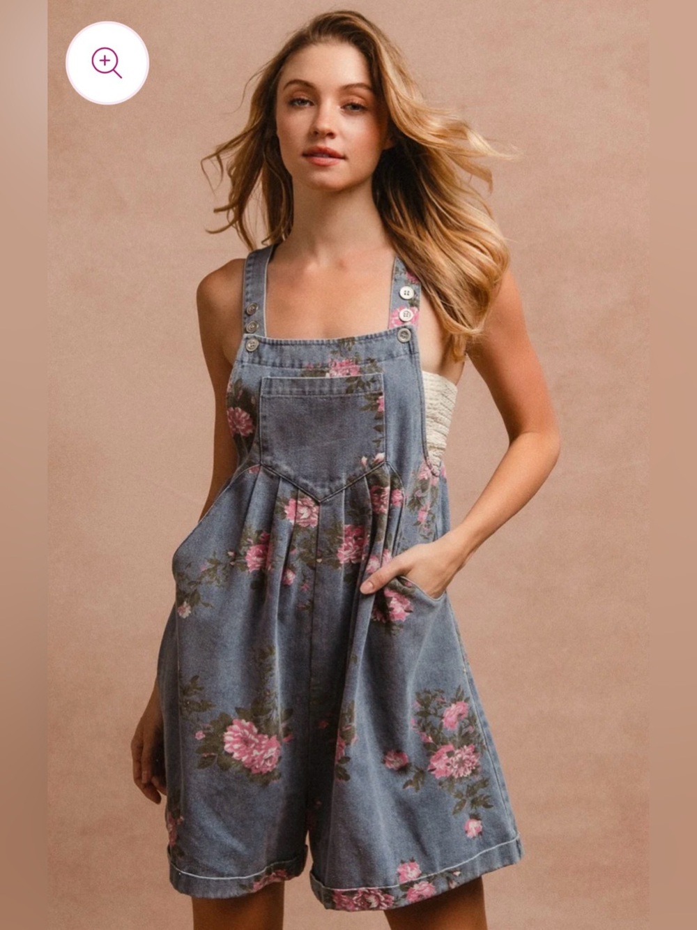 Floral Denim Overall Shorts - Blue with Pink Bloom